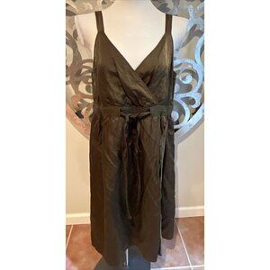 Eileen Fisher Dress Size 12 Crumple Wrap Army Green Elastic V-Neck Cotton Nylon